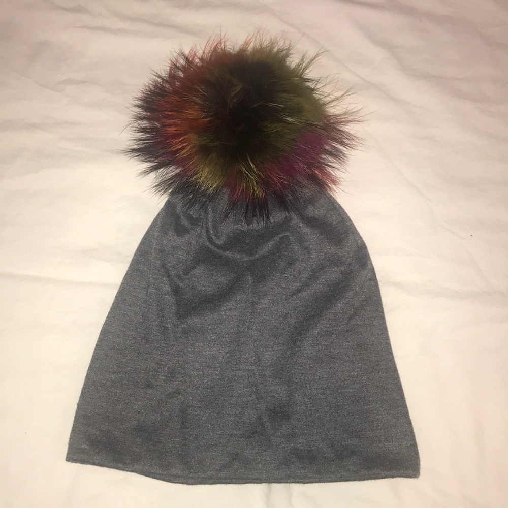 Grey Beenie with rainbow fur Pom Pom